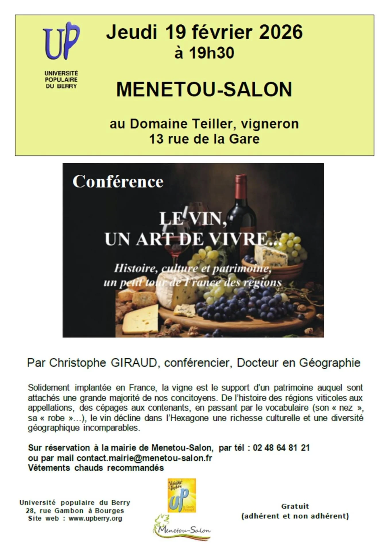 Affiche conference le vin un art de vivre menetou salon